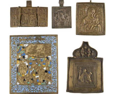EINE SIGNIERTE BRONZE-IKONE MIT DER HEILIGEN PARASKEWA SOWIE DREI WEITERE BRONZE-IKONEN: GNADENBILDER DER GOTTESMUTTER UND PR