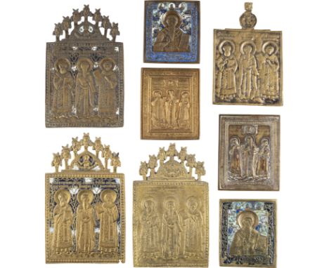 SAMMLUNG VON ACHT BRONZE-IKONEN MIT HIERARCHEN-DARSTELLUNGEN    Russland, 17.-19. Jh.   Bronze, reliefiert gegossen, teils me