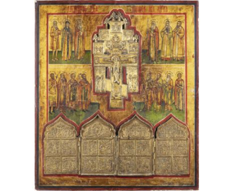 GROSSFORMATIGE STAUROTHEK MIT DER KREUZIGUNG CHRISTI UND AUSGEWÄHLTEN HEILIGEN    Russland, 19. Jh.   Verbund dreier Bretter 
