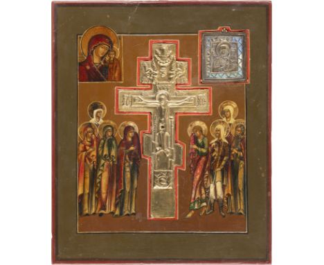 STAUROTHEK MIT DER KREUZIGUNG CHRISTI UND GNADENBILDERN DER GOTTESMUTTER    Russland, 19. Jh.   Verbund zweier Bretter mit zw