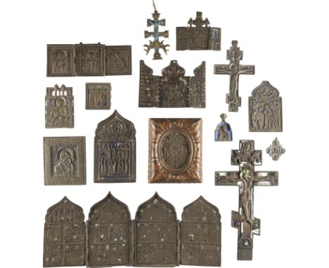 SAMMLUNG VON 15 BRONZE-IKONEN: GNADENBILDER DER GOTTESMUTTER, KRUZIFIXE, ORTHODOXE HOCHFESTE, DEESIS UND AUSGEWÄHLTE HEILIGE 