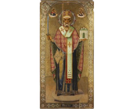 MONUMENTALE IKONE MIT DEM HEILIGEN NIKOLAUS VON MOSCHAISK AUS EINER KIRCHEN-IKONOSTASE    Russland, Ende 19. Jh.   Verbund dr