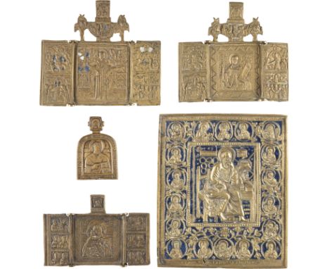 FÜNF BRONZE-IKONEN: EVANGELIST JOHANNES, HEILIGER NIKOLAUS SOWIE DREI TRIPTYCHA    Russland, 17.-19. Jh.   Bronze, reliefiert