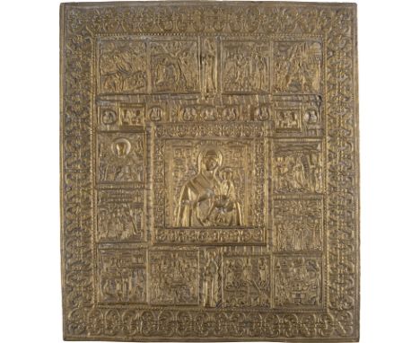 GROSSE BRONZE-IKONE MIT DER GOTTESMUTTER VON TICHWIN 'TICHWINSKAJA' UMRAHMT VON FESTTAGSDARSTELLUNGEN UND HEILIGEN    Russlan