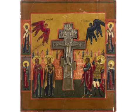 STAUROTHEK MIT DER KREUZIGUNG CHRISTI    Russland, 19. Jh.   Verbund dreier Bretter mit zwei Rückseiten-Sponki. Eitempera auf