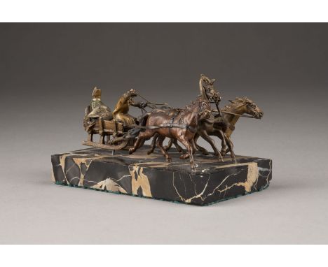 NAPOLEONS FLUCHT AUS RUSSLAND IN EINER WINTERTROIKA    Wohl Russland, um 1900   Bronze, vollplastisch gegossen und braun pati