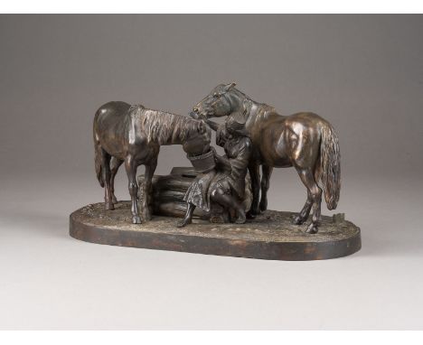A. M. BONEGOR  MÄDCHEN BEIM TRÄNKEN DER PFERDE    Russland, Ende 19. Jh.   Bronze, vollplastisch gegossen und dunkel patinier