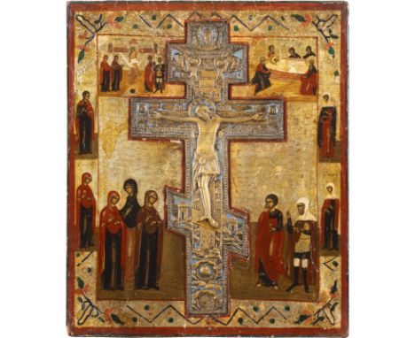 GROSSE STAUROTHEK MIT DER KREUZIGUNG CHRISTI, DER KREUZABNAHME UND GRABLEGUNG    Russland, um 1880   Verbund zweier Bretter m