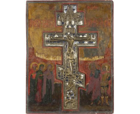 GROSSE STAUROTHEK MIT DER KREUZIGUNG CHRISTI    Russland, 19. Jh.   Verbund zweier Bretter mit einer Rückseiten-Querleiste. E