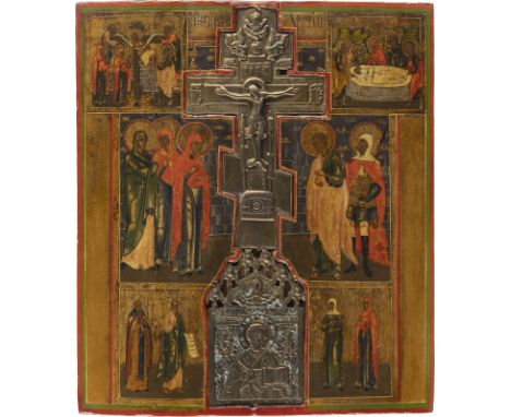 STAUROTHEK MIT DER KREUZIGUNG CHRISTI UND AUSGEWÄHLTEN HEILIGEN    Russland, 19. Jh.   Verbund mehrerer Bretter mit zwei Rück