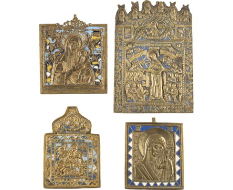 VIER BRONZE-IKONEN: GNADENBILDER DER GOTTESMUTTER UND HEILIGER GEORG DER DRACHENTÖTER    Russland, 18. Jh.   Bronze, reliefie
