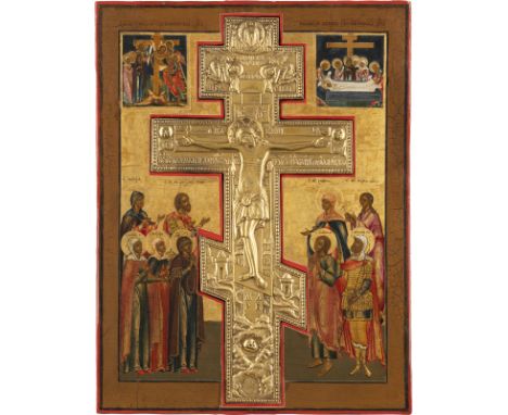 GROSSE STAUROTHEK MIT DER KREUZIGUNG CHRISTI, DER KREUZABNAHME UND DER GRABLEGUNG    Russland, 19. Jh.   Verbund von drei Lau