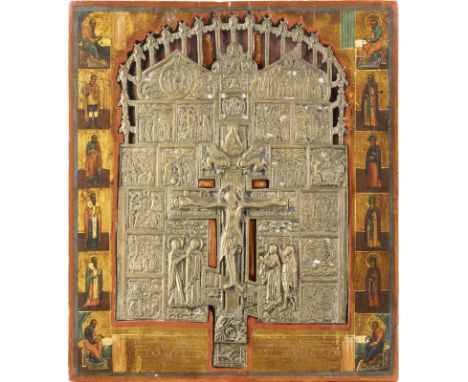 STAUROTHEK MIT DER KREUZIGUNG CHRISTI UND HOCHFESTEN DES ORTHODOXEN KIRCHENJAHRES    Russland, 19. Jh.   Verbund dreier Brett
