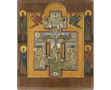 STAUROTHEK MIT DER KREUZIGUNG CHRISTI    Russland, 19. Jh.   Verbund zweier Bretter mit zwei Rückseiten-Sponki. Kowtscheg, Ei