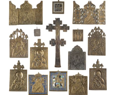 14 BRONZE-IKONEN UND EIN SILBER-ANHÄNGER: ELF GNADENBILDER DER GOTTESMUTTER, AUSGEWÄHLTE HEILIGE UND EIN KRUZIFIX    Russland