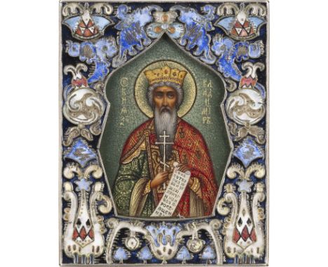 KLEINE IKONE MIT DEM HEILIGEN WLADIMIR MIT CLOISONNÉ-EMAIL-BASMA    Russland, Moskau, Fabergé, 1908-1917   Holztafel, verso S