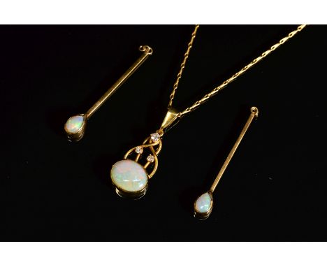 AN OPAL JEWELLERY COLLECTION, to include a modern 18ct gold opal and diamond pendant, an oval opal cabochon measuring approxi