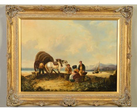MANNER OF WILLIAM SHAYER (BRITISH 1787-1879), THE KELP GATHERERS, grey pony and covered cart with four figures on a beach, bo