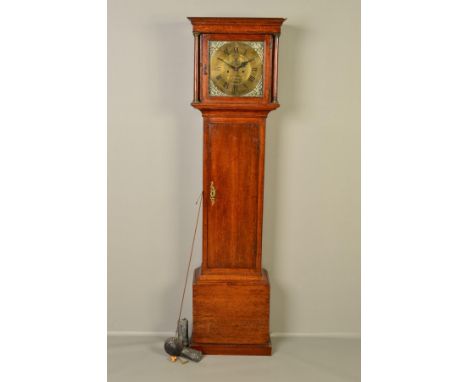 A GEORGE III OAK LONGCASE CLOCK, moulded cornice on brass capped doric columns flanking the hood door, brass dial with silver