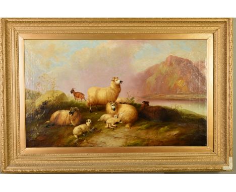 M. JOYNER (BRITISH FL.1837-1868), sheep, lambs and a goat in a Highland landscape, loch in the valley below, oil on relined c