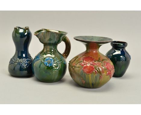 SIR EDMUND ELTON FOR SUNFLOWER POTTERY, four pieces of pottery to include a globular posy vase with flared rim, a double gour