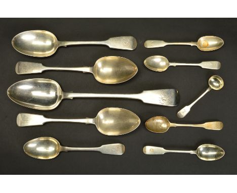 A SMALL PARCEL OF 19TH CENTURY SILVER FIDDLE PATTERN FLATWARE, including a basting spoon, maker James Beebe, London 1840, a p