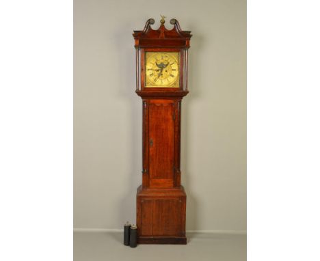 A GEORGE III OAK LONGCASE CLOCK, the broken swan neck pediment with brass rosette mounted scrolls centred by a brass eagle on