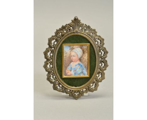 AFTER VAN DYCK, an early 20th Century portrait miniature of a young child holding a piece of fruit, copied from a group portr