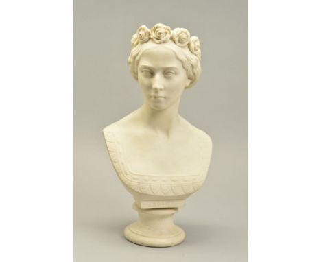 A VICTORIAN COPELAND PARIAN BUST TITLED 'ALICE', on a socle base, sculpted by Mary Thornycroft for the Art Union of London 18