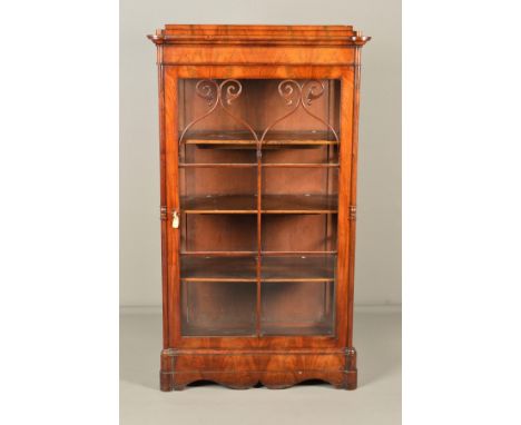 AN EARLY VICTORIAN MAHOGANY SINGLE DOOR DISPLAY CABINET, the caddy top above glazed sides and door with plain columns flankin