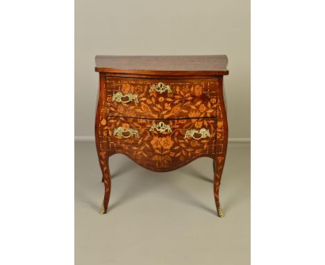 A 19TH CENTURY DUTCH FLORAL MARQUETRY DWARF BOMBE COMMODE, two deep drawers, on slender cabriole supports, with brass leaf sa