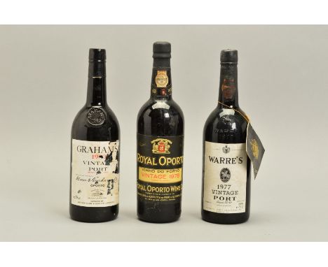 THREE BOTTLES OF VINTAGE PORT, comprising a Warre's 1977, a Royal Oporto 1978 and a Graham's 1983, bottled in 1985, ullage co