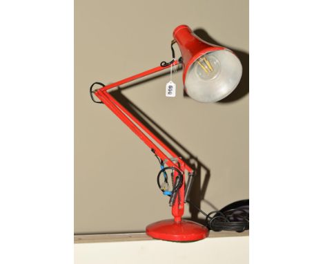 HERBERT TERRY FOR ANGLE POISE, a red desk lamp (condition: dents to metal work, various paint removed)