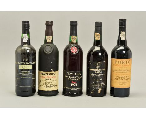 FIVE BOTTLES OF NON-VINTAGE AND LBV PORT, comprising a Taylor's 1974 Late Bottled Reserve, a Taylor's 10 Year Old Tawny, bott