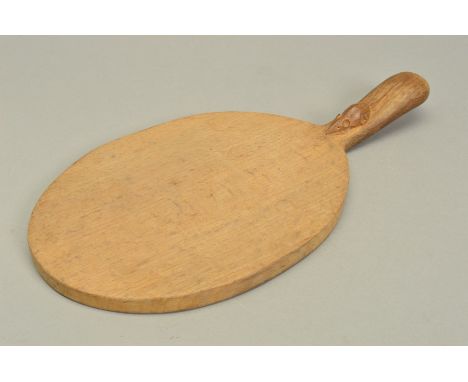 ROBERT THOMPSON, OF KILBURN MOUSEMAN OAK CHEESE BOARD, oval in shape with trademark carved mouse to the handle, length approx