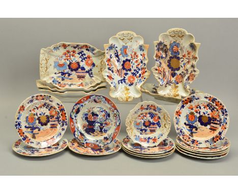 AN EARLY 19TH CENTURY MASON'S PATENT IRONSTONE CHINA DESSERT SERVICE, decorated in the Imari palette with flowers and vase in