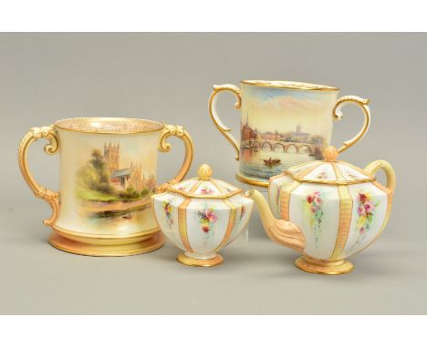 A ROYAL WORCESTER LOVING CUP, painted with a scene of Worcester Bridge from the River, the cathedral to the right hand side, 