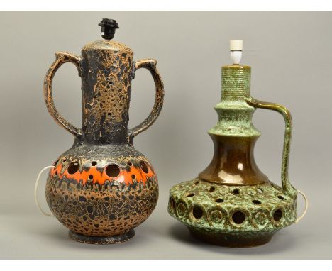 TWO WEST GERMAN FAT LAVA LAMPS, the first having a pierced base with a double knopped column and single handle, height approx