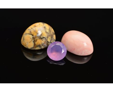 THREE PIECES OF OPAL, two opal cabochons, pink opal and lace opal, combined weight 26.72ct, one mauve round mix cut opal, wei