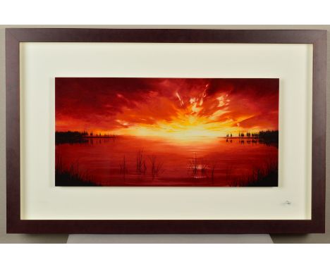 RICHARD ROWAN (BRITISH CONTEMPORARY), 'Scarlet Sunrise I', a limited edition silkscreen on glass print 91/195, depicting a dr