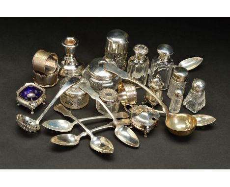 A PARCEL OF SILVER TOPPED GLASS TOILET JARS, including a hair pin tidy, various makers and dates, a George V silver shaped sq