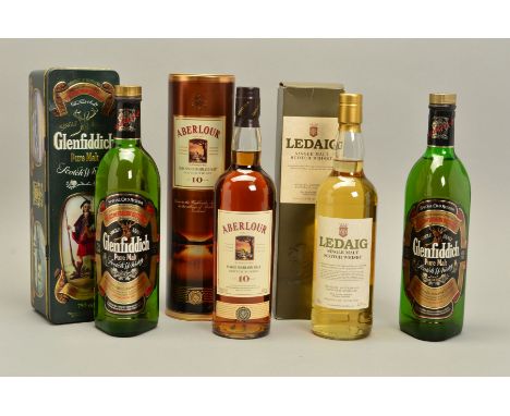 FOUR BOTTLES OF SINGLE MALT, comprising two bottles of Glenfiddich Pure Malt Scotch Whisky Special Old Reserve, 40% vol. 70cl