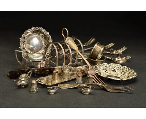 A PARCEL OF SILVER, to include an Elizabeth II miniature four piece teaset on a tray, maker Peter John Doherty, Birmingham 19