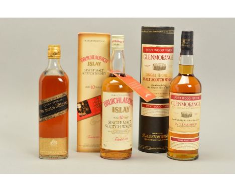 TWO BOTTLES OF EXCEPTIONAL SINGLE MALT AND A BOTTLE OF JOHNNIE WALKER BLACK LABEL, (old bottling) comprising a Glenmorangie P