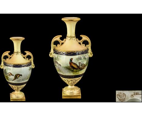 Royal China Works Worcester Hand Painted Twin Handle Classical Shaped Vase. The Central Panels with Painted Images of Pheasan