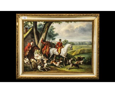 Oil on Board Depicting a Hunting Scene with good detail and colour; 29 inches x 23