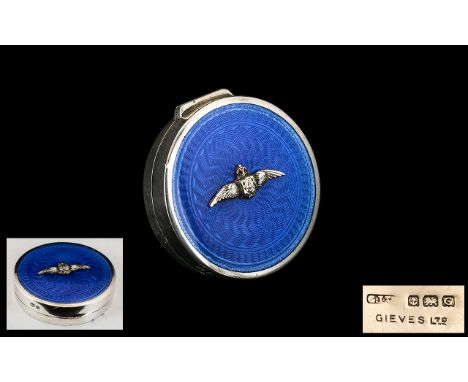 RAF - Sweetheart Hinged Circular Lidded Enamel and Silver Compact with Interior Mirror of Small Proportions. The Blue Enamel 