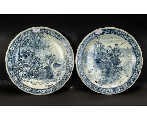 Two Boch Belsts Charger Plates of typical colour. Hunting scene and horse and cart. Diameter 16 inches. 