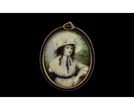 Fine Quality Painted Miniature on Ivory of an Elegant Young Lady wearing a flamboyant silk hat with tassels and a white silk 