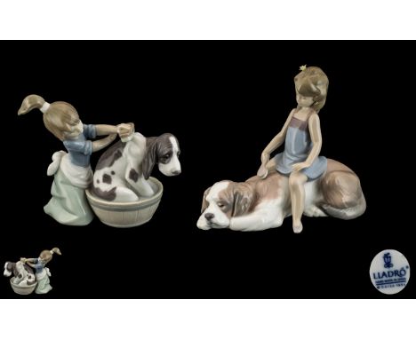Lladro Pair of Hand Painted Porcelain Figures - Girls Washing Their Pet Dogs. Comprises 1/ ' Bashful Bather ' Model No 5455. 